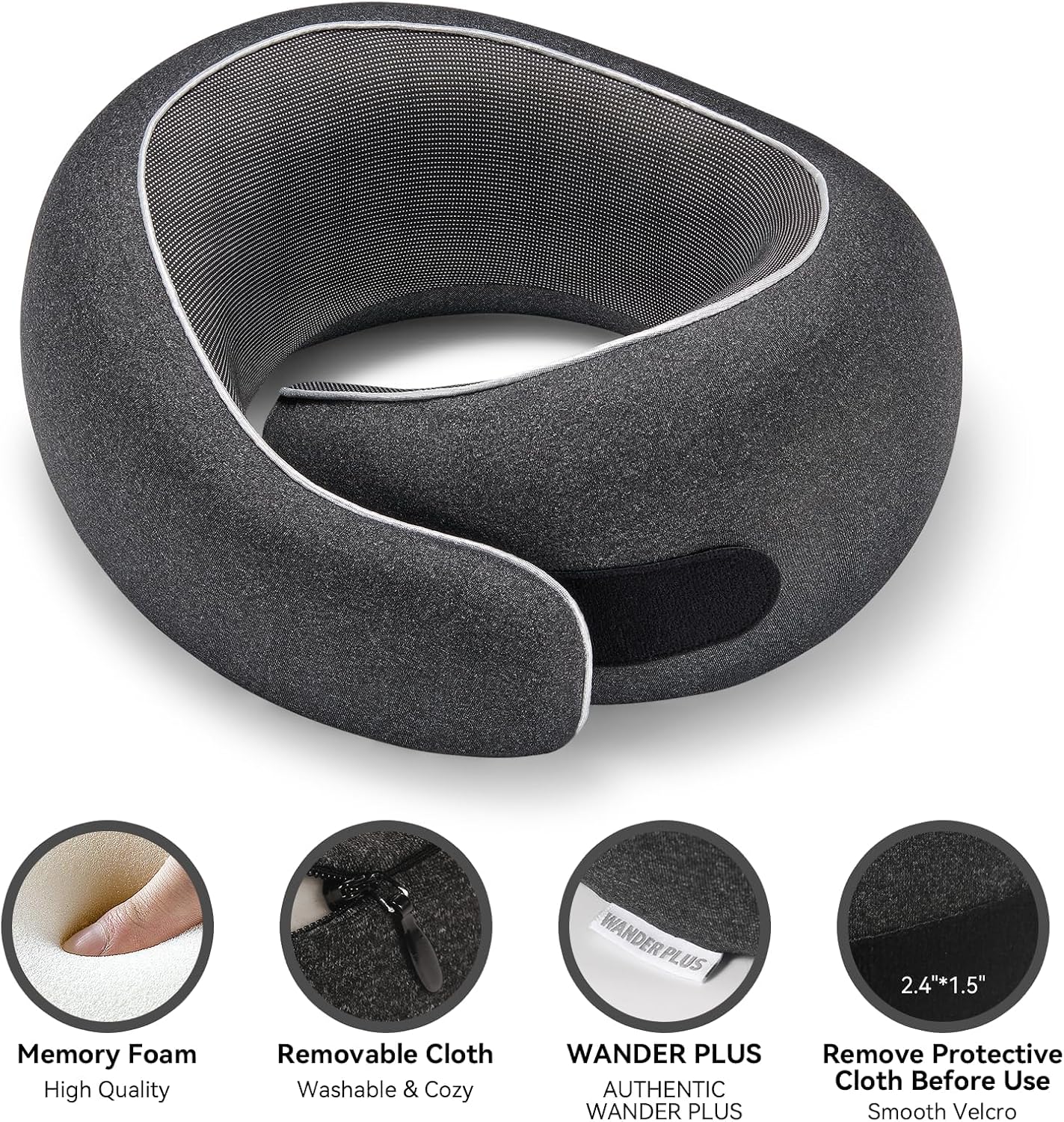 Wander+®Travel Neck Pillow, Pure Memory Foam Neck Pillow for Airplanes, Comfortable Breathable Cover, 360 Degree Support Ergonomic Design Best for Sleeping Plane Train Travel Essentials Max Black