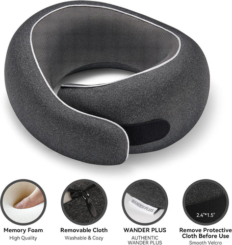 Wander+®Travel Neck Pillow, Pure Memory Foam Neck Pillow for Airplanes, Comfortable Breathable Cover, 360 Degree Support Ergonomic Design Best for Sleeping Plane Train Travel Essentials Max Black