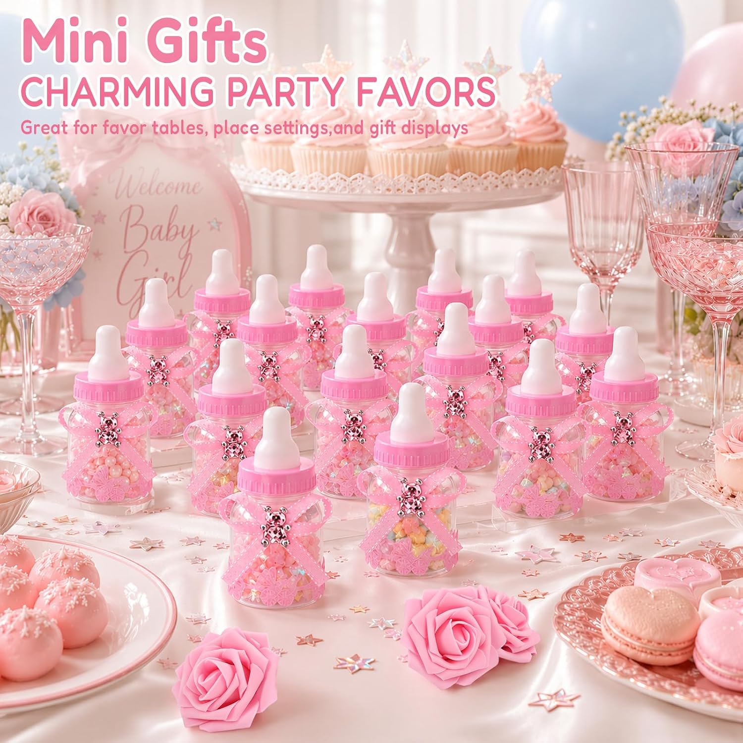 24Pcs Baby Bottle Candy Boxes 3.5" +5 Artificial Roses Baby Shower Favors