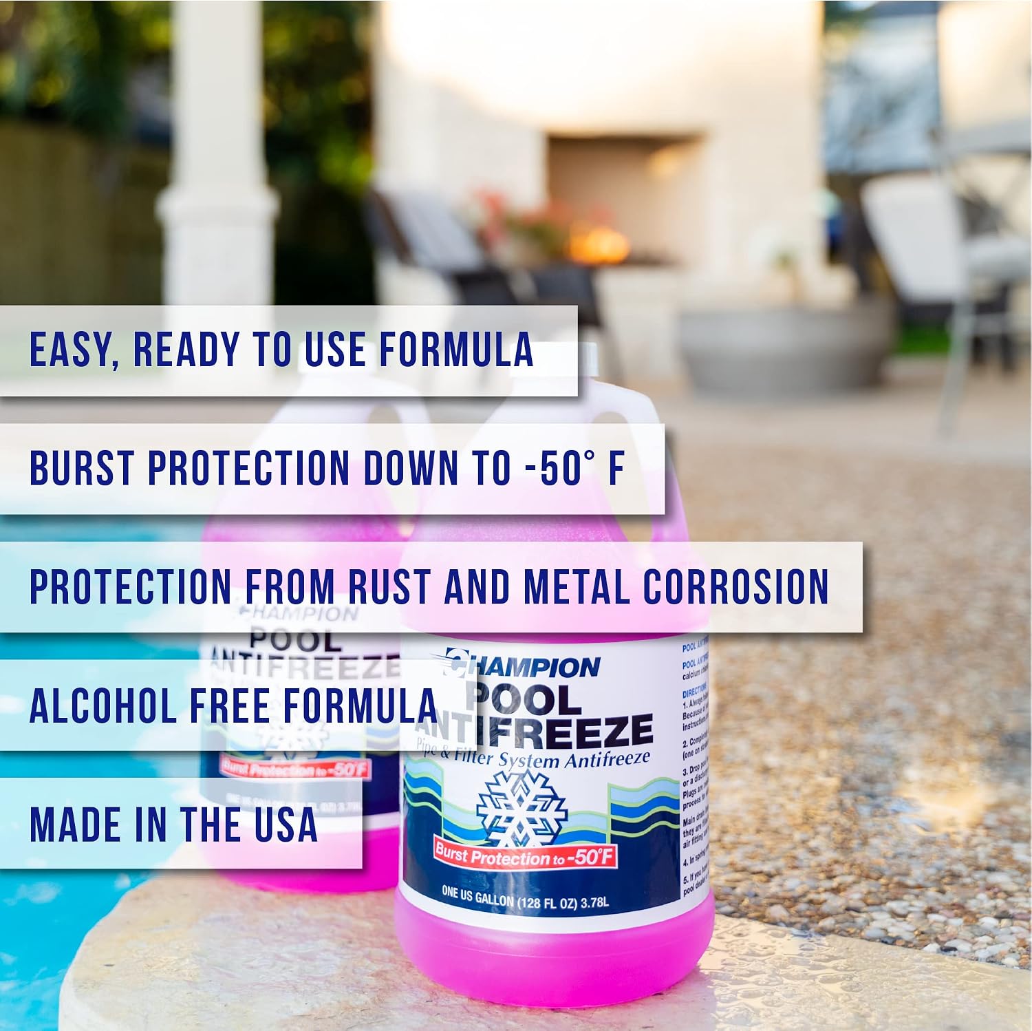 CPDI Champion Swimming Pool Antifreeze for Winterizing, 4 x 1 Gallon Bottle, Supports Above Ground and Inground Pools and Spas, Burst Protection from Rust and Corrosion