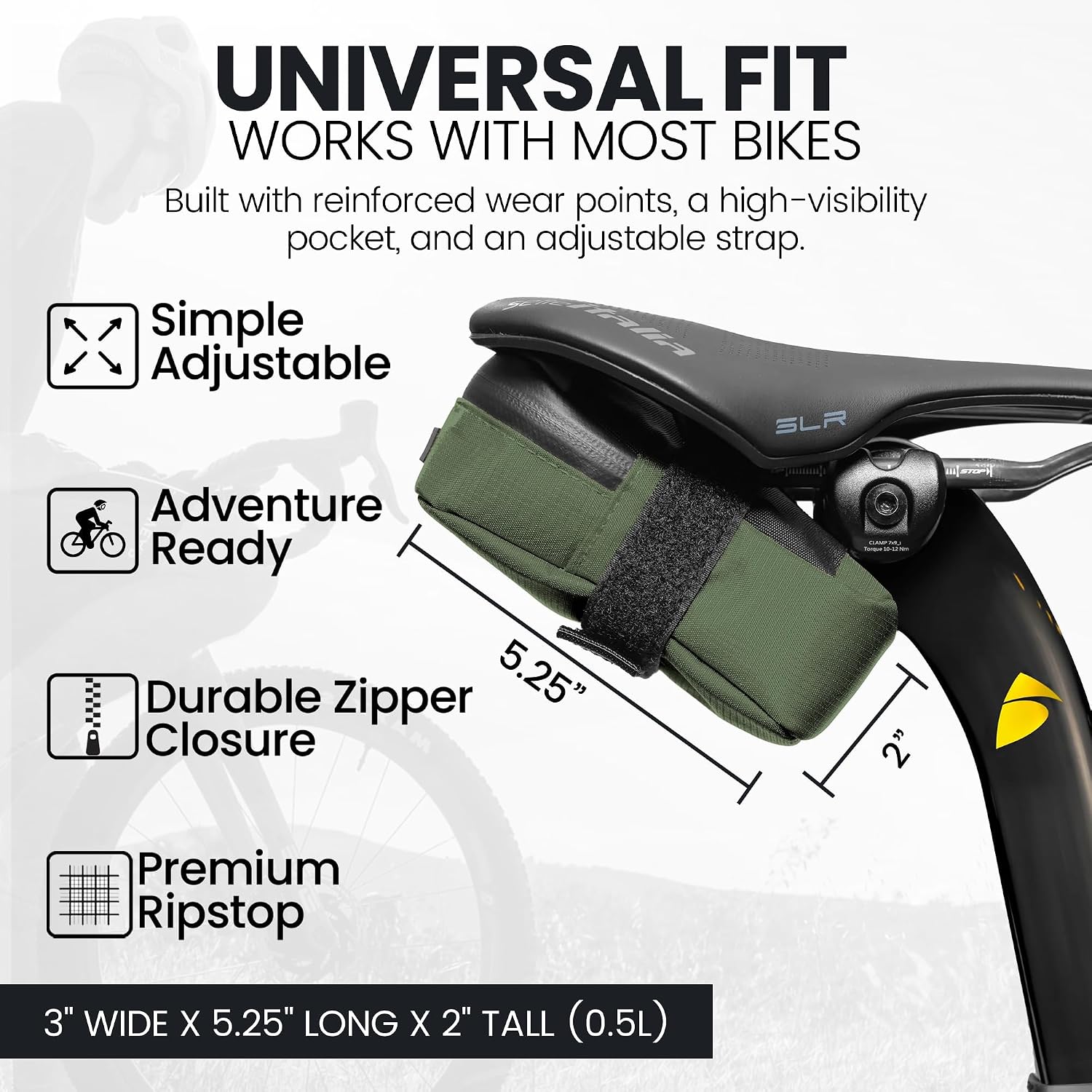 ALMSTHRE Signature Bike Saddle Bag – Hunter Green | 0.5L Bike Seat Bag (3" x 5.25" x 2") | Water-Resistant Ripstop, Waterproof Zipper, Internal Pocket | Durable Under Seat Storage
