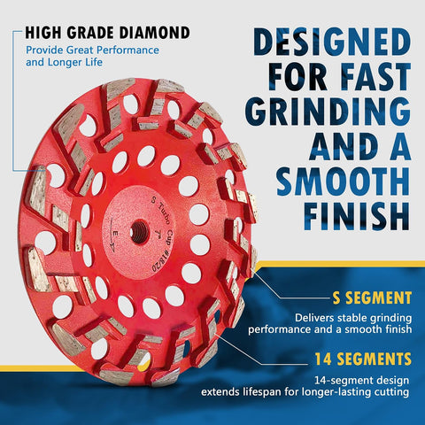 7" Diamond Grind Wheel 14 S Seg Concrete & Coating 5/8"-11 Threaded Arbor