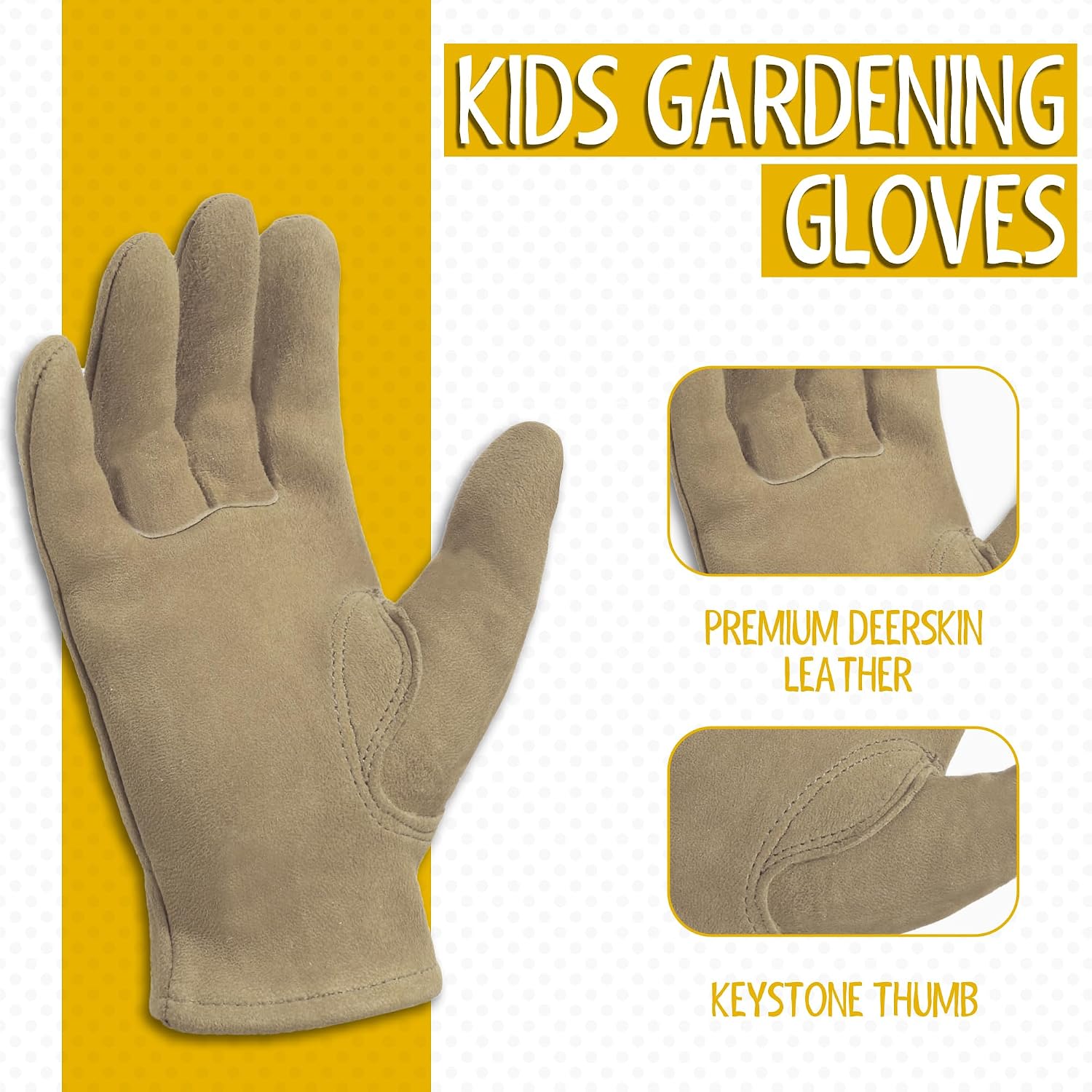 HANDLANDY Kids Leather Gardening Gloves, Kid Work Gloves, Khaki, L