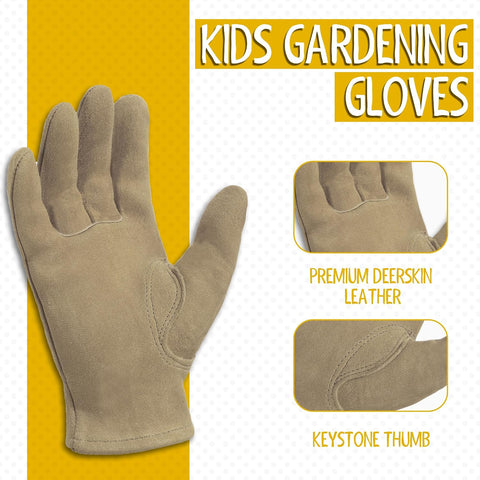 HANDLANDY Kids Leather Gardening Gloves, Kid Work Gloves, Khaki, L