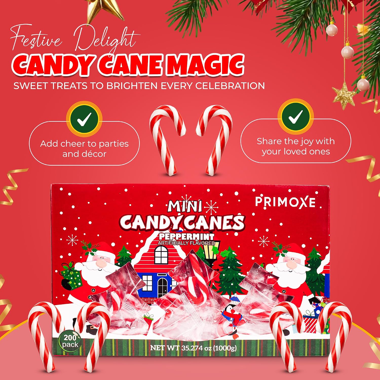 Christmas Mini Candy Canes - Red & White Peppermint Individually Wrapped for Holiday Indulgence - Bulk Christmas Candy for Kids & Adults - Holiday Decorations & Treats, 200 Pack