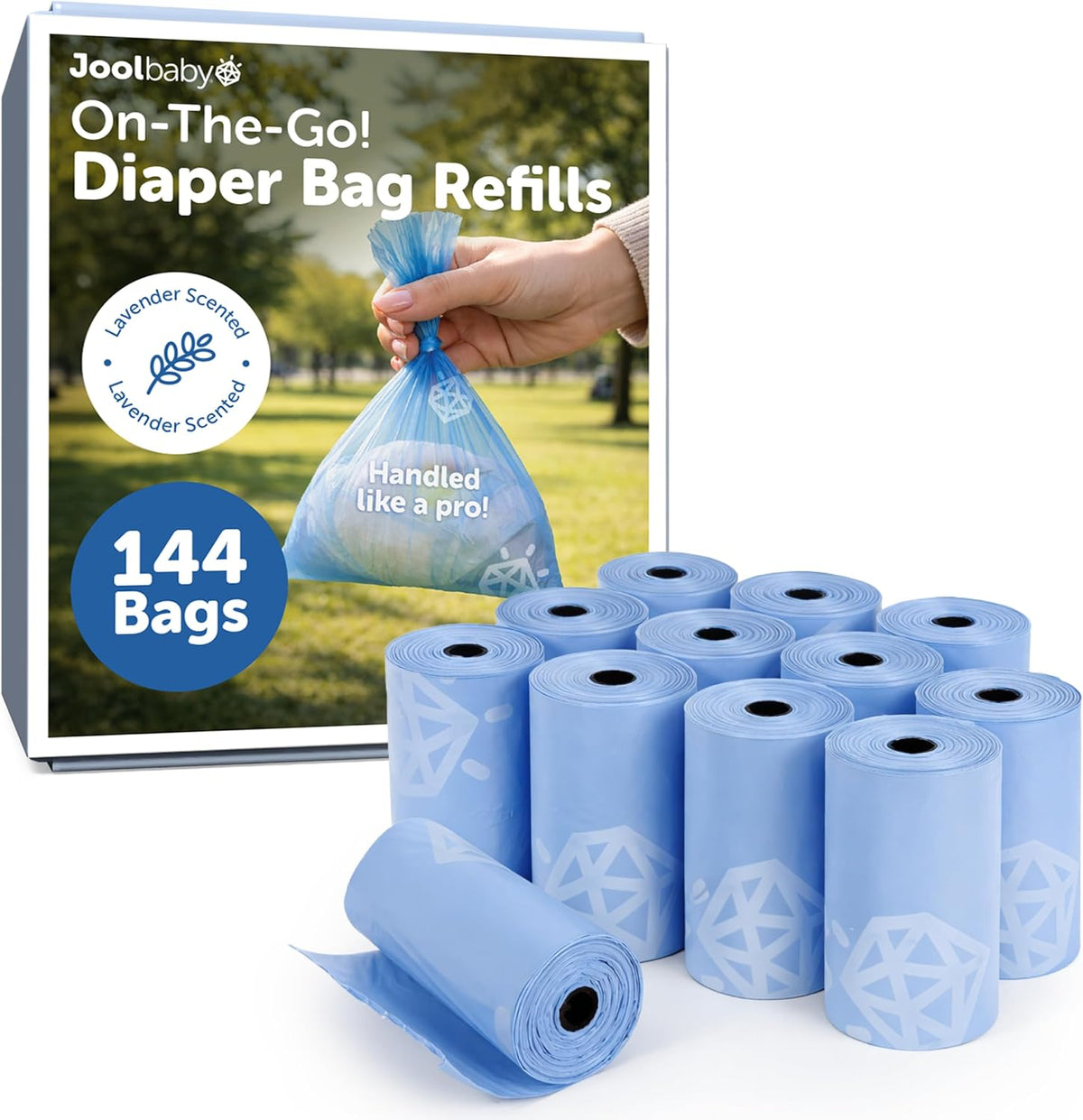 Jool Baby Disposable Diaper Bag Refills for Diaper Bag Dispenser (12 Rolls, 144 Count) – Lavender-Scented Odor-Controlling Diaper Sacks – Fits Any On-the-Go Dispenser