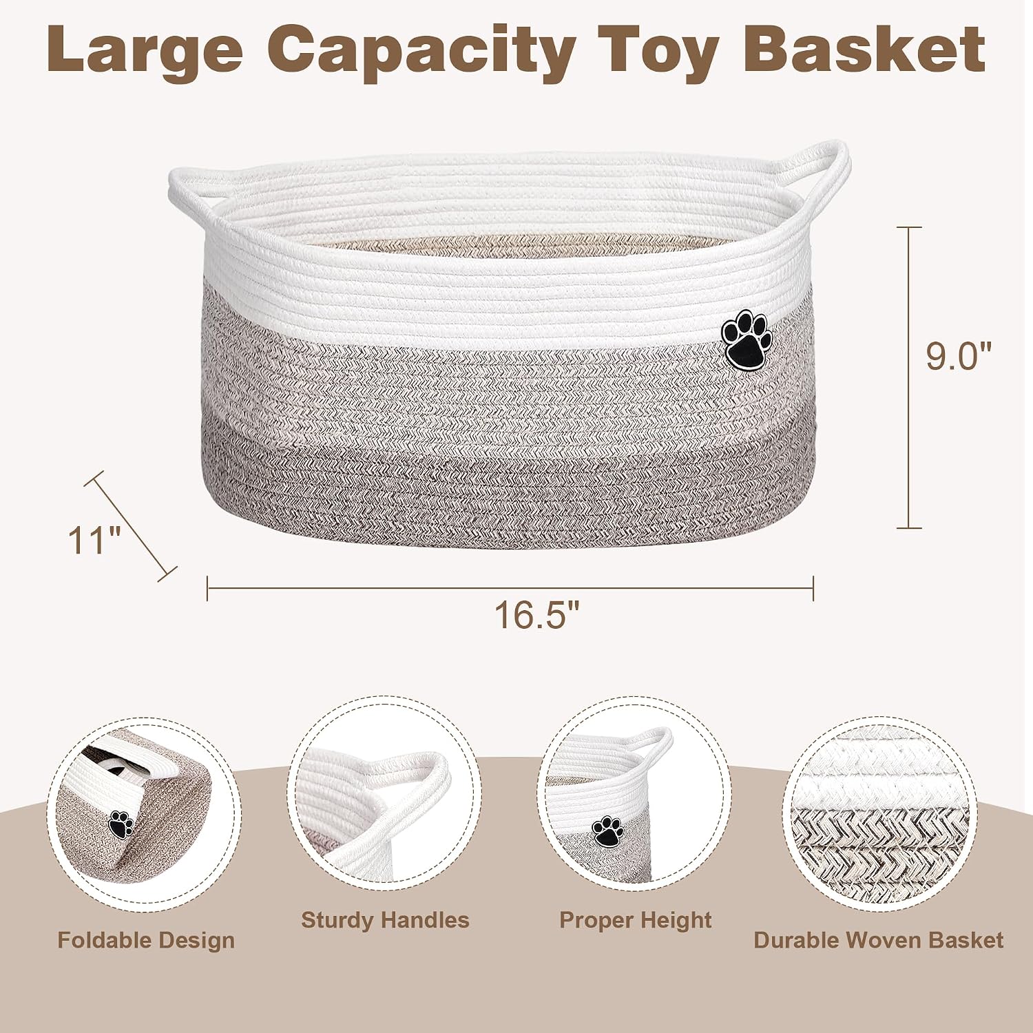 Optish 25L Medium Dog Toy Basket, Woven Rope Storage Basket, White-Brown