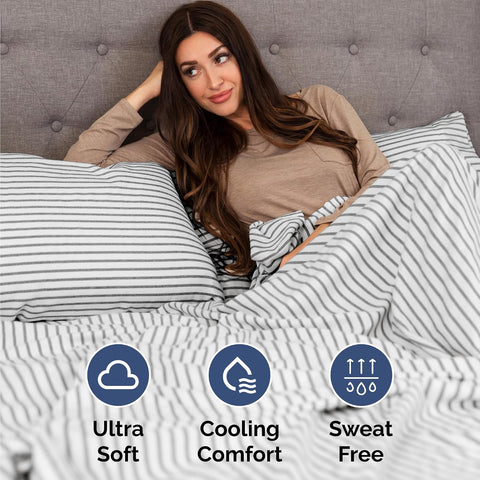 Cal King Size 4 Piece Sheet Set - Comfy Breathable & Cooling - Grey Stripes