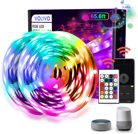 VOLIVO 65.6 FT WiFi LED Strip Lights,LED Light Strip Compatible with Alexa and Google Home,App/Remote/Voice Controlled Music Sync Color Changing Lighting for Bedroom Kitchen,Party,TV