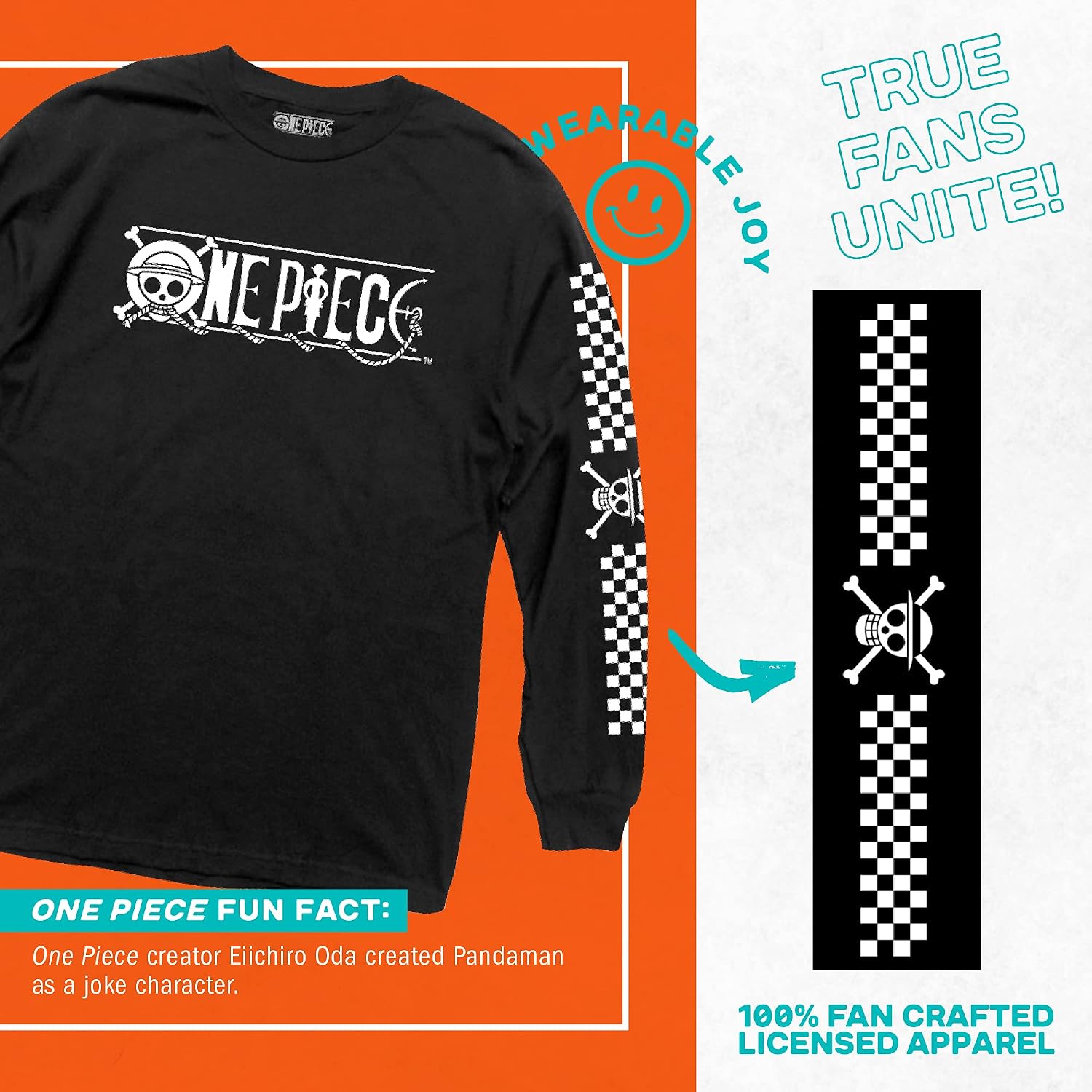 Ripple Junction One Piece Men's Long Sleeve T-Shirt Anime Straw Hat Pirates Jolly Roger Sleeve Graphic Officially Licensed