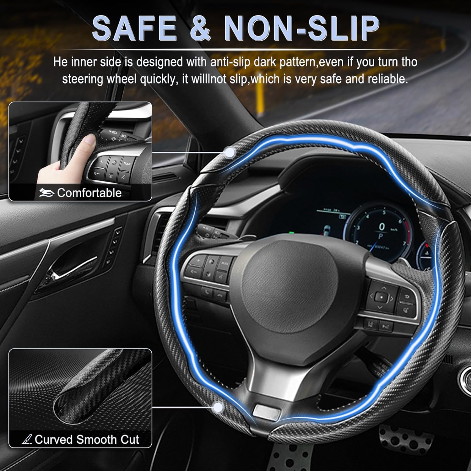 3pcs Carbon Fiber Anti-Skid Steering Wheel Cover, Waterproof & Segmented Butterfly Design, Universal 99% Vehicle Wheel Cover Protector, Car Interior Accessories (Black-3pcs)