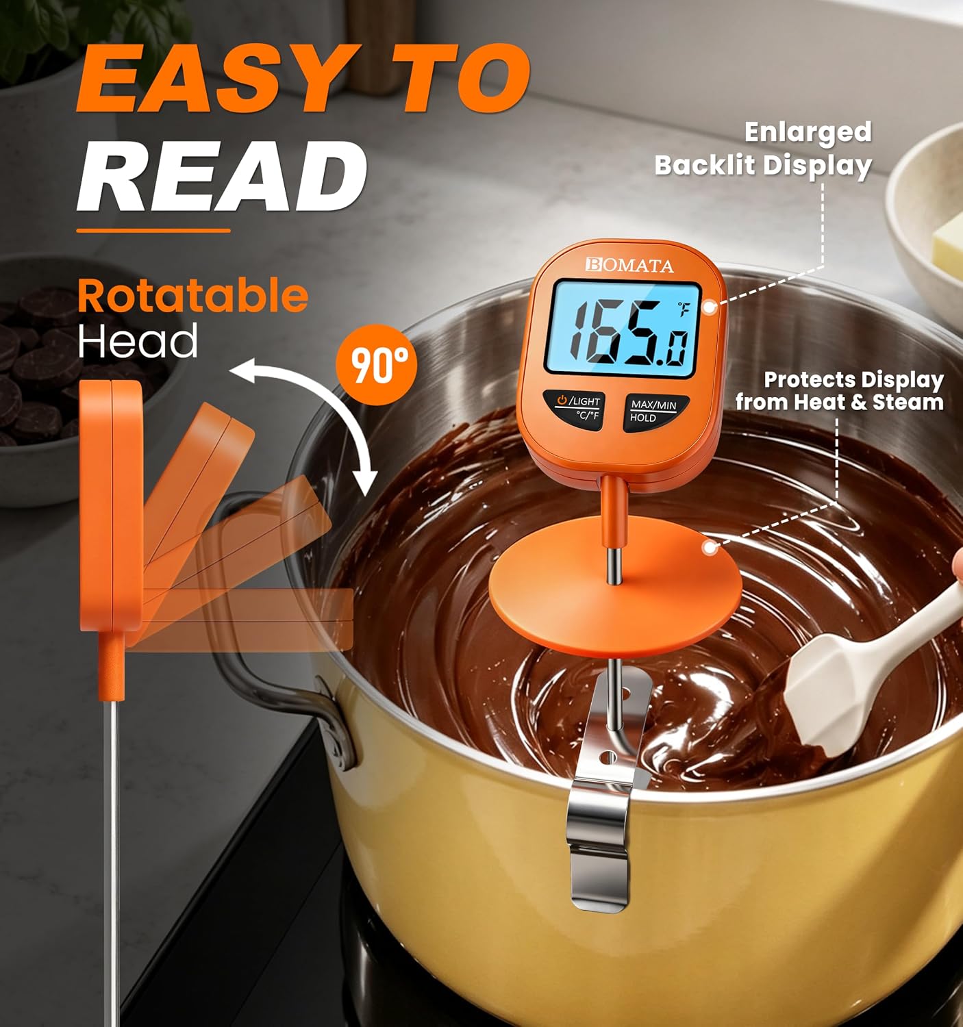 BOMATA Digital Candy Thermometer with Pot Clip, 10" Probe, IPX6 Waterproof