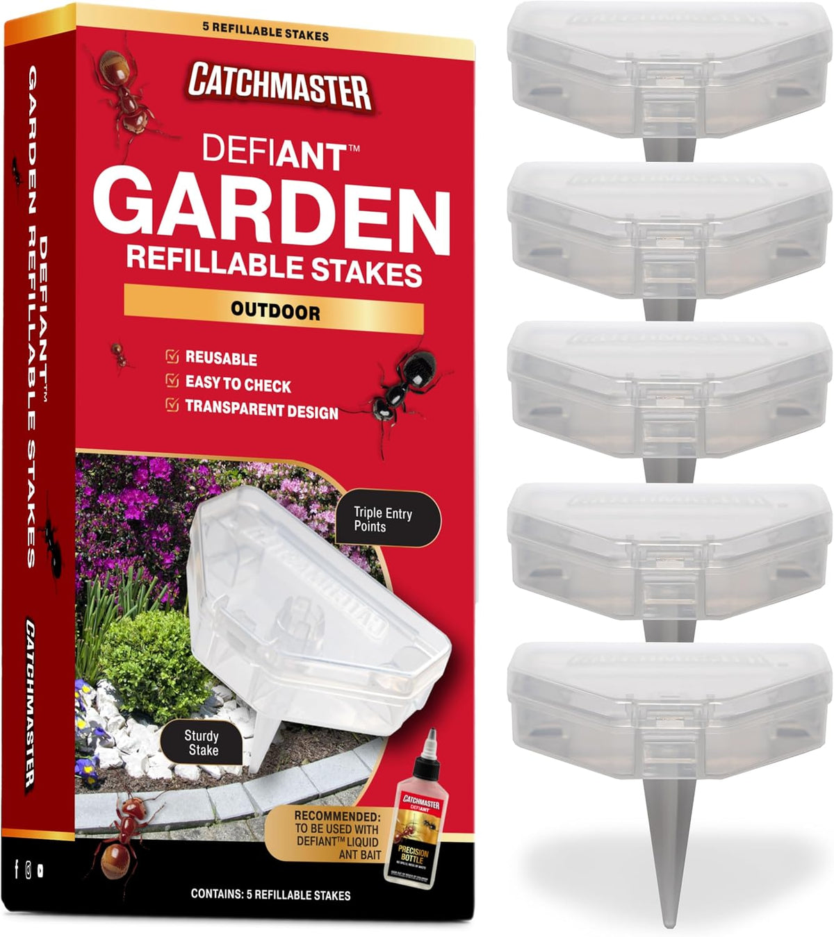 Catchmaster DEFIANT Reusable Outdoor Garden Stake Ant Traps (5 Pack), Bait NOT Included – Bait Stations That Hold Liquid Ant Killer - For Garden, Soil & Mulch – Discreet Bait Stations for Pest Control