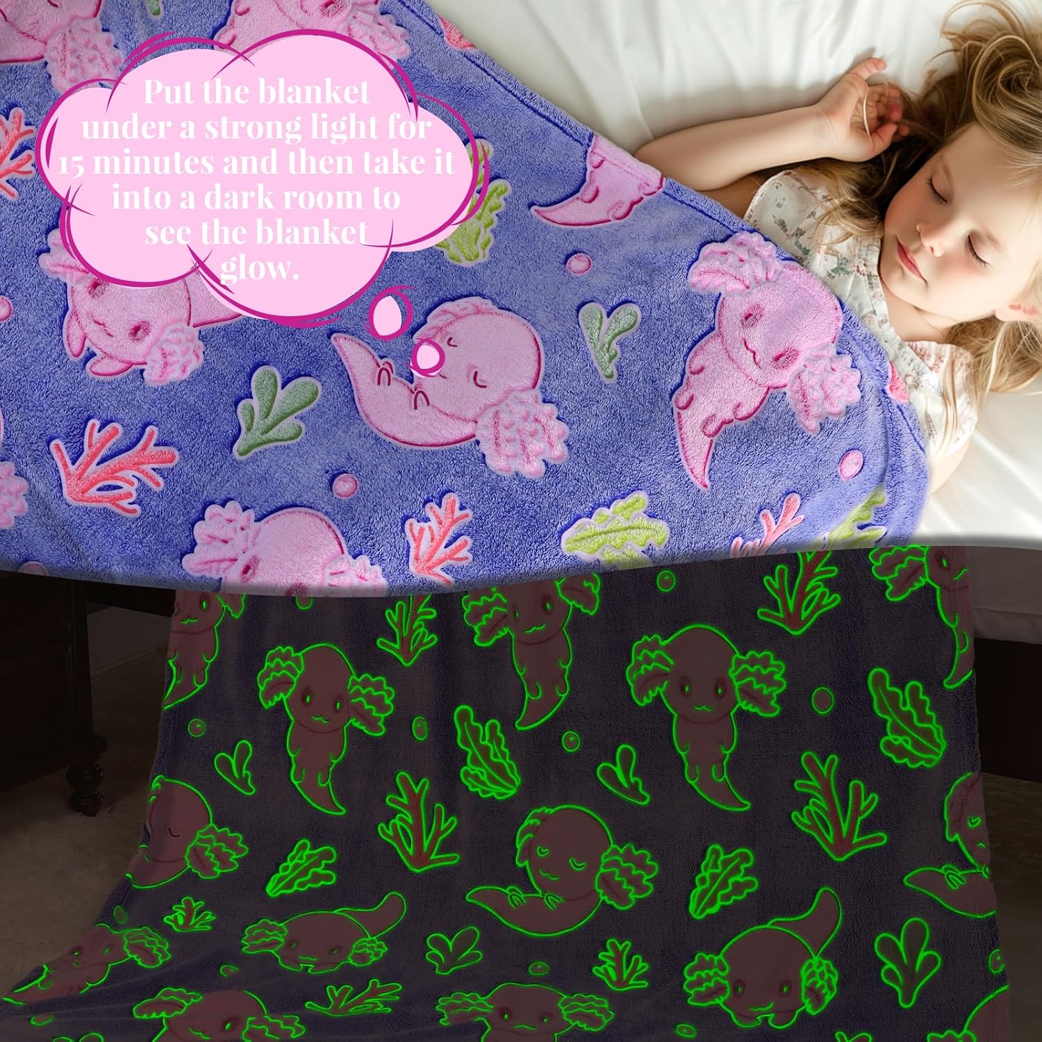 Axolotl Blanket Gifts for Girls, Glow in the Dark Blankets for Girls, Axolotl Toys Room Birthday Decoration, Soft Plush Fleece Toddler Blanket for Travel Daycare, 40x60 Inches