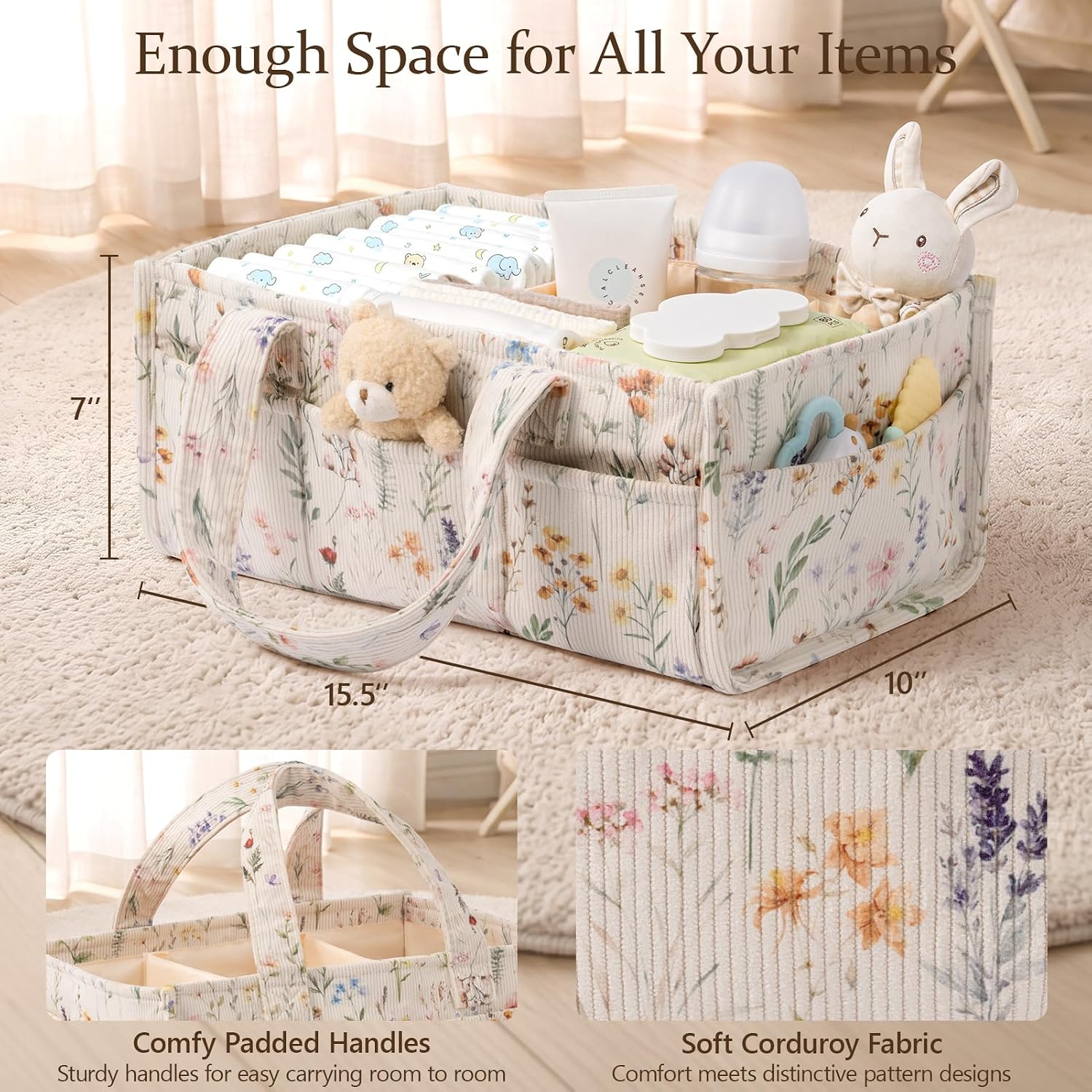 Corduroy Baby Diaper Caddy Organizer with Handles, Nursery Storage Basket