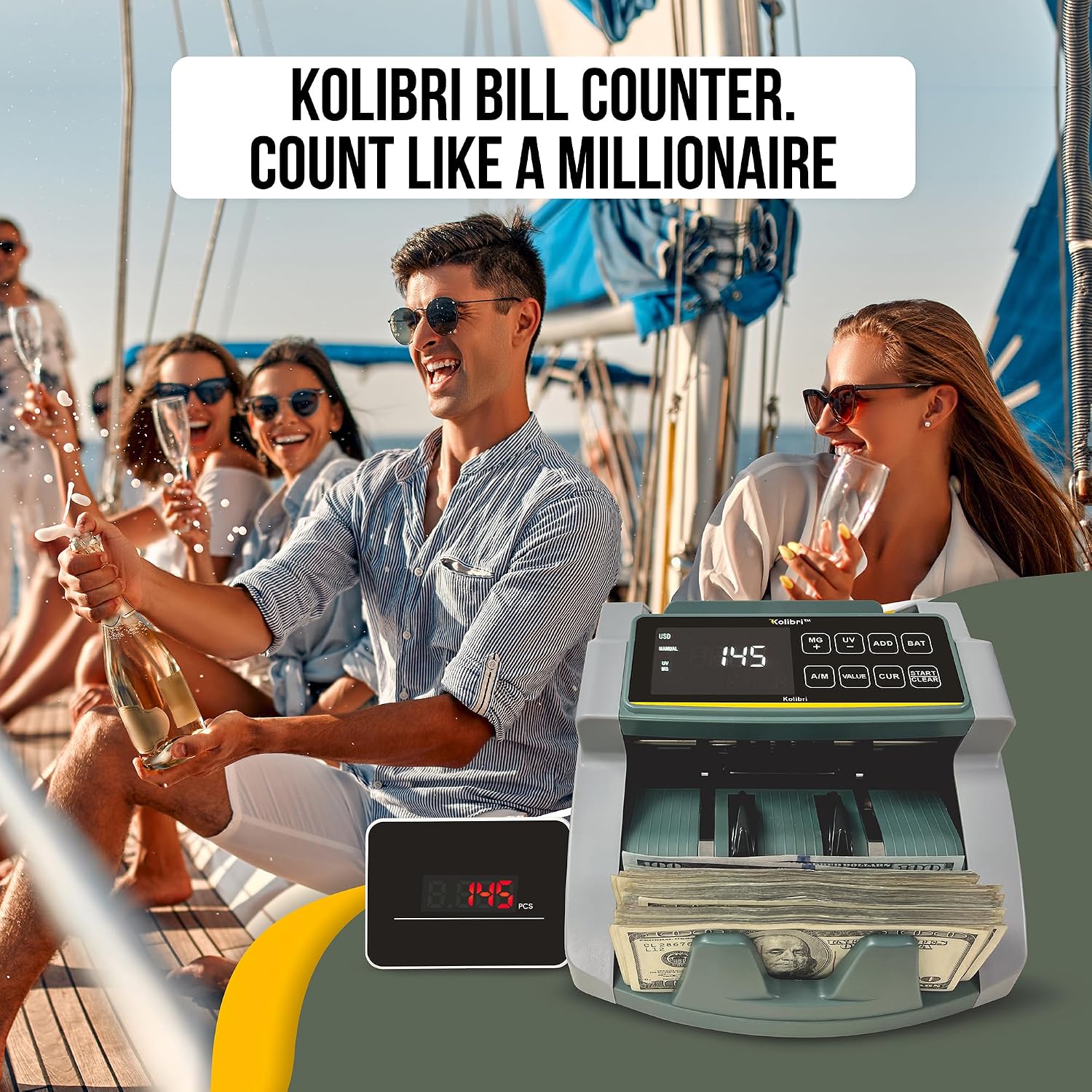 KOLIBRI Money Counter Machine I UV/MG I Set Value Count I LCD Display I Business Grade I Dollar, Euro I Advanced UV/MG/IR/DD/HLF Detection I 1,500 Notes/Min I 1-Year Warranty I KOLIBRI UV/MG