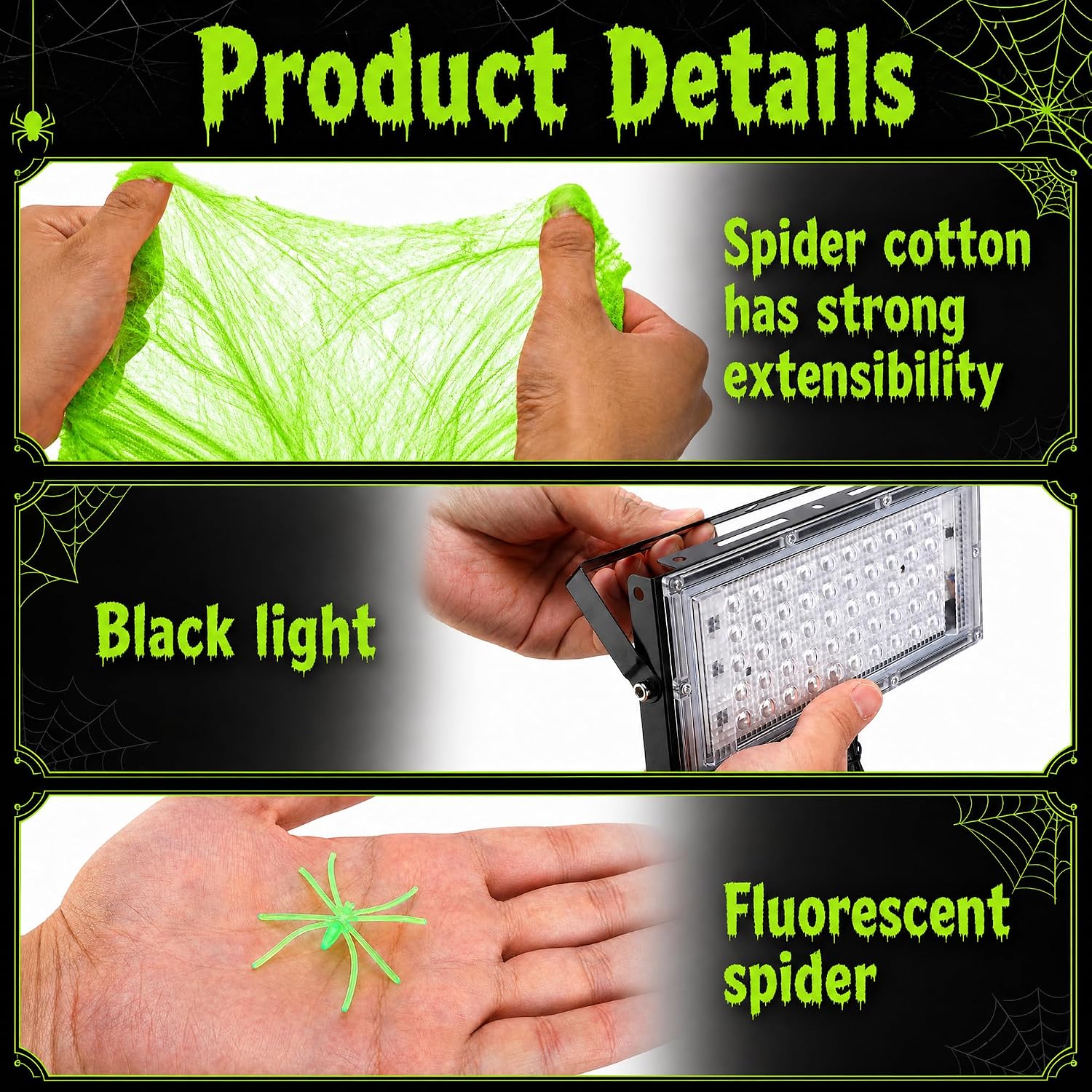 1100 Sqft Halloween Glow Green Stretch Cobwebs with Glow Spiders and Light
