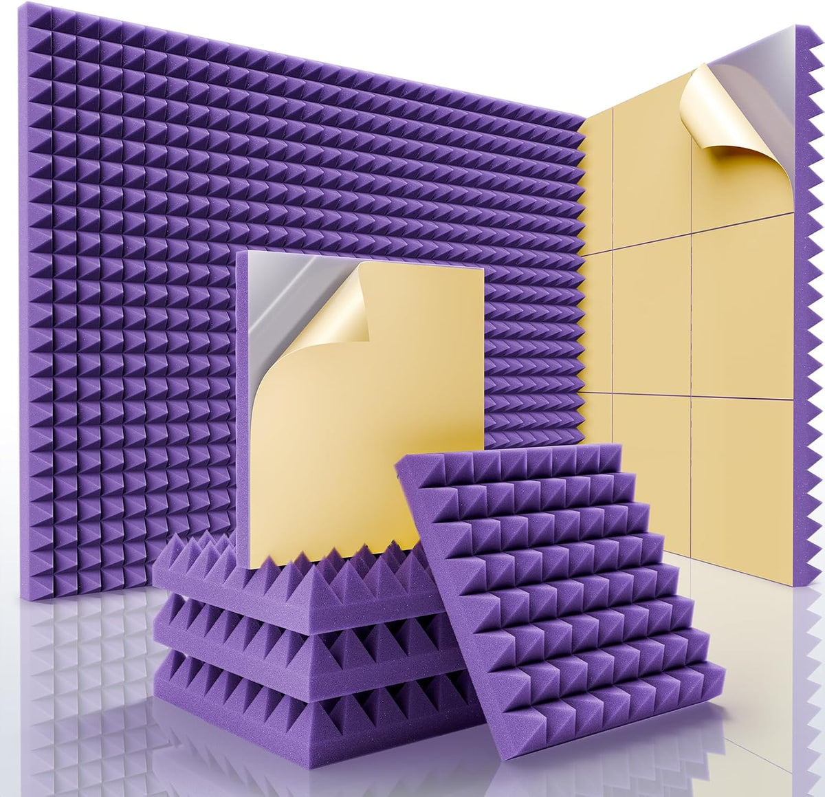 Sonicism Acoustic Panels Self-Adhesive Pyramid 12 Pack,12" X 12" X 2" Sound Proof Foam Panels for Walls,35kg/m³High Density Soundproof Wall Panels Fast Expand,Sound Absorption & Decoration(Purple)