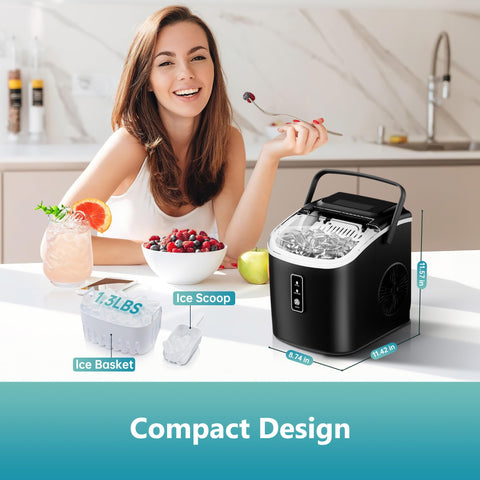 EUHOMY Countertop Ice Maker Machine with Handle, 26.5lbs Per Day, 9 Cubes in 6 Mins, Auto-Cleaning Portable Ice Maker with Basket and Scoop, for Home/Kitchen/Camping/RV (Black)