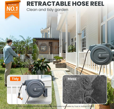 Giraffe Tools Retractable Garden Hose Reel 1/2"130FT Wall Mount Auto Rewind