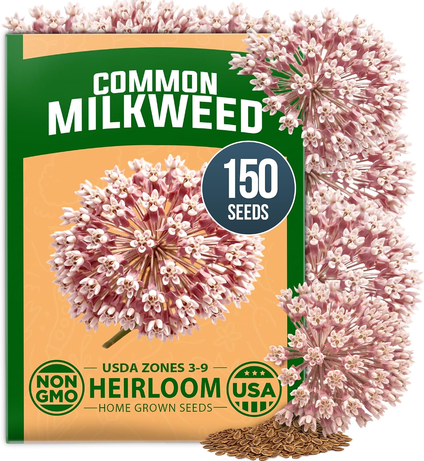 HOME GROWN Common Milkweed Flower Seeds for Planting – 150 Seeds (0.8g), Fragrant Pink Blooms, Heirloom Non-GMO, Monarch Butterfly Host Plant, Native Perennial Wildflower, Zones 3–9