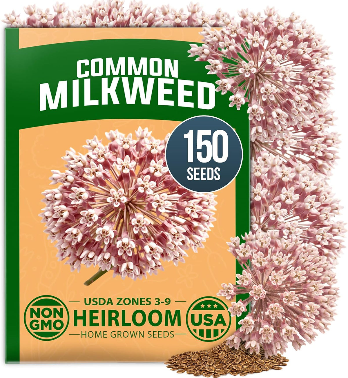 HOME GROWN Common Milkweed Flower Seeds for Planting – 150 Seeds (0.8g), Fragrant Pink Blooms, Heirloom Non-GMO, Monarch Butterfly Host Plant, Native Perennial Wildflower, Zones 3–9