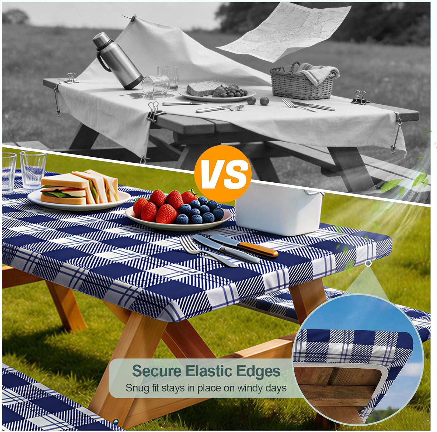 Picnic Table Cover with Bench Covers Camping Essentials Waterproof Windproof Camping Tablecloth with Drawstring Bag, Fitted Rectangle Tables and Seats, 72in, Blue Checkered