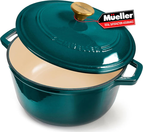 MUELLER HOME 7.5 QT Enameled Cast Iron Dutch Oven, Heavy-Duty Casserole Dish and Braiser Pan with Lid and Stainless Knob, Oven-Safe up to 500° F & Across All Cooktops, Emerald
