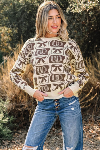 Womens Western Pullover Sweaters Knit Long Sleeve Crew Neck Boho Drop Shoulder Bows & Horseshoes 2026 Fall Tops