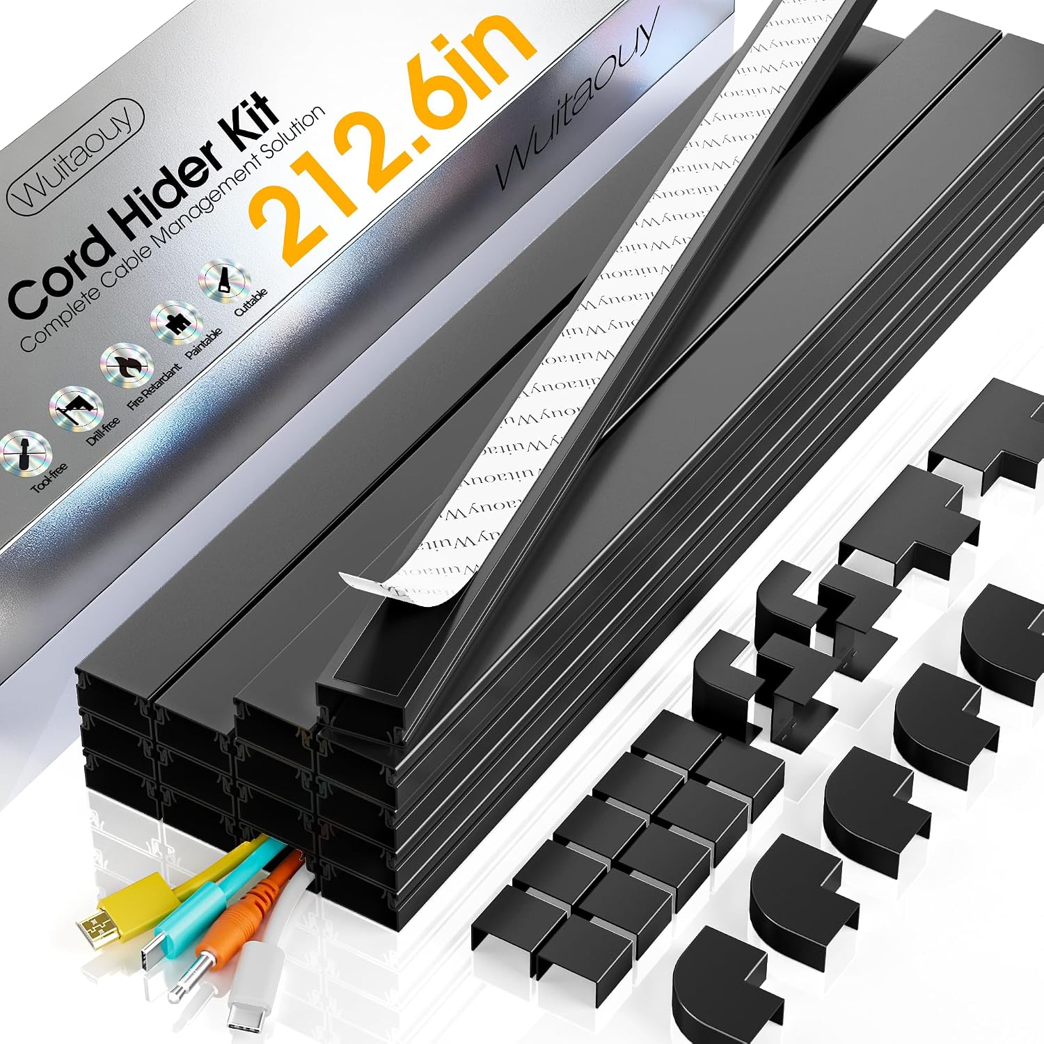 212.6in Cord Covers for 2-3 Wires on Wall, TV Cord Hider Wall, Easier Set-up Wire Hider Wire Covers for Cords on Wall, Paintable Cable Hider Raceway,Self-Adhesive Cable Cover, W0.95 H0.55in, Black