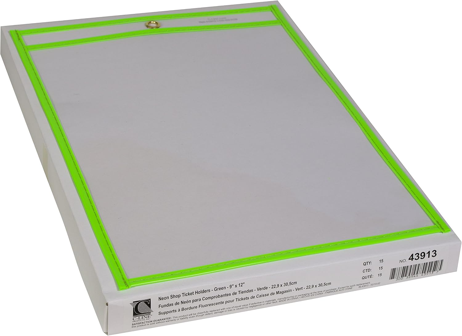 C-Line Neon Stitched Shop Ticket Holders, Green, Both Sides Clear, 9 x 12 Inches, 15 per Box (43913)