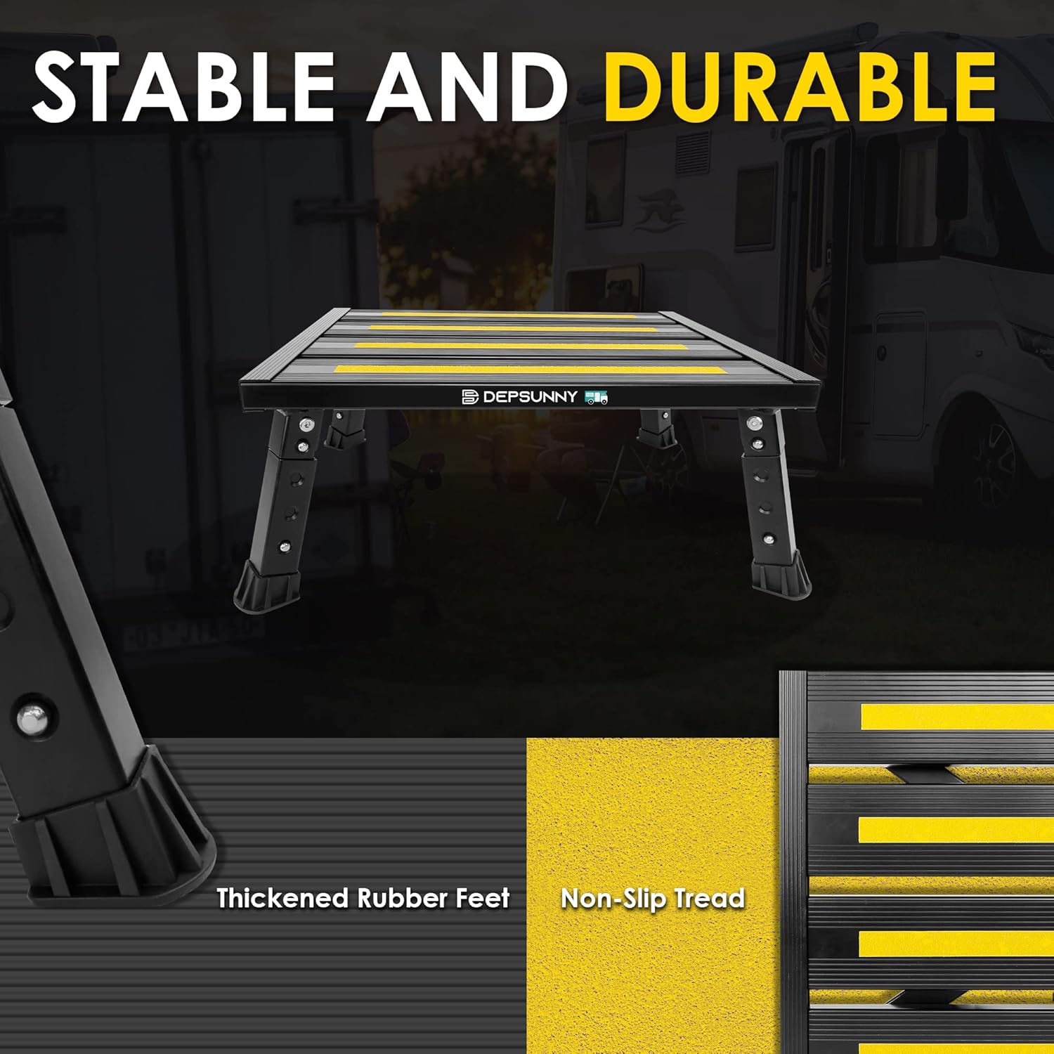 Adjustable RV Step Stool, Wide Platform, Foldable Legs, Black