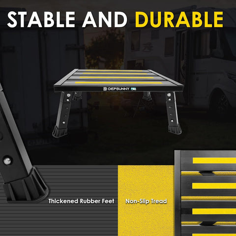 Adjustable RV Step Stool, Wide Platform, Foldable Legs, Black