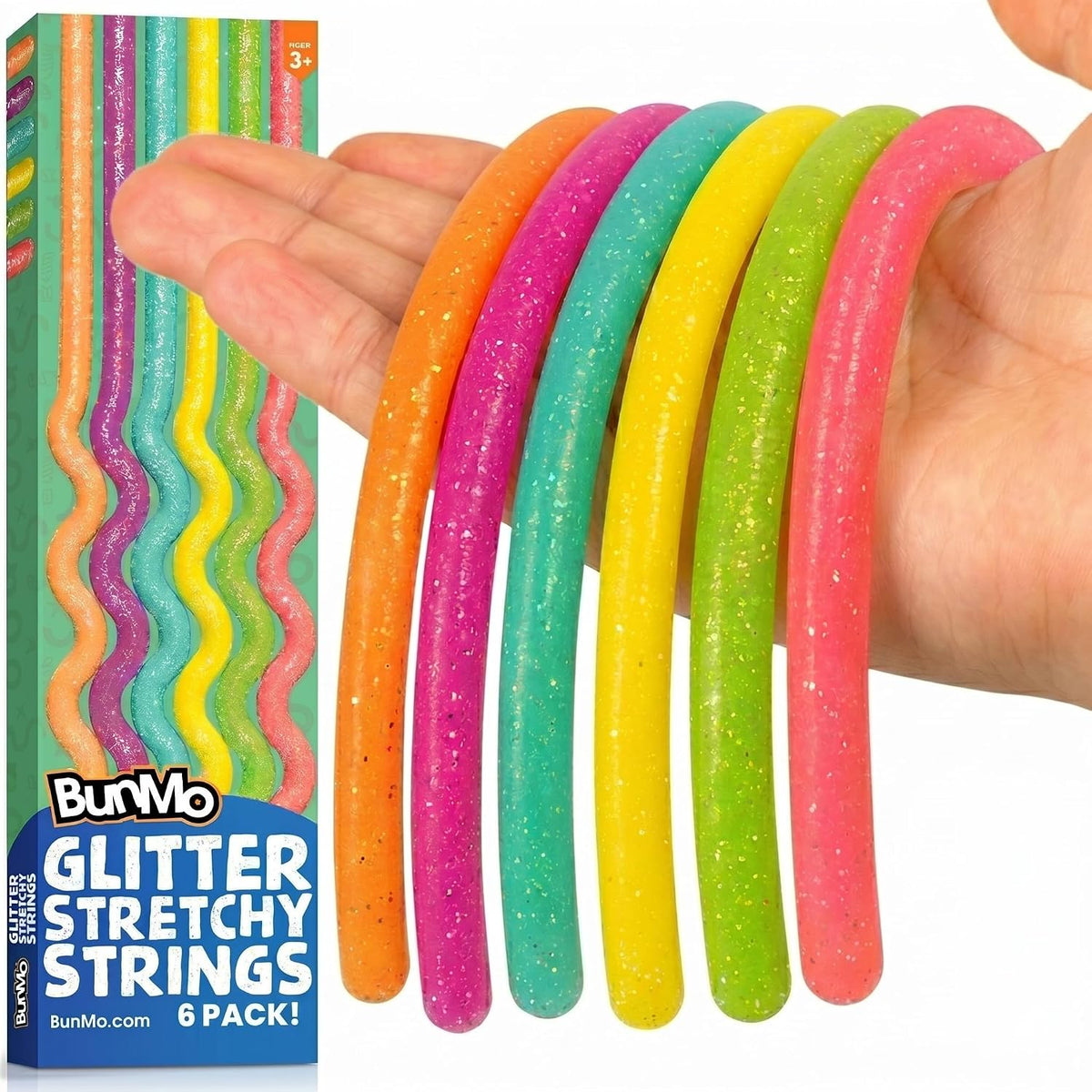 BUNMO Sensory Toys Stretchy Strings for Toddlers 3+ - Stimulating & Addictive Fidget Toys for Kids - Hours of Fun for Kids - Non-Mouthable Toy 3+ - Glitter 6 Pack
