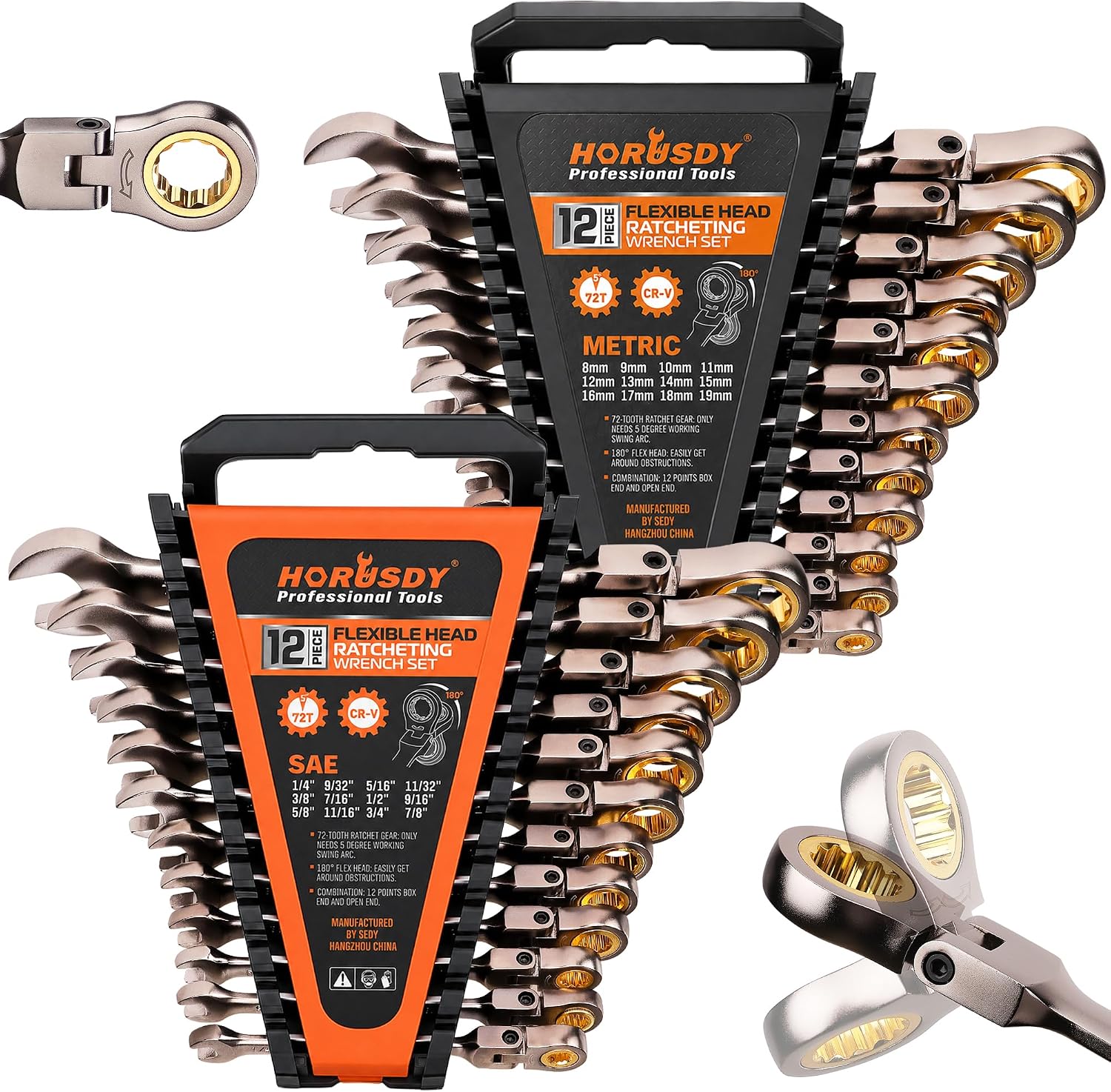 HORUSDY 24-Piece Flex-Head Ratcheting Wrench Set, Metric(8–19mm) & SAE(1/4-7/8") Combination Wrenches, 72-Tooth CR-V Steel, Ratchet Spanners with Wrench Organizer for Repair