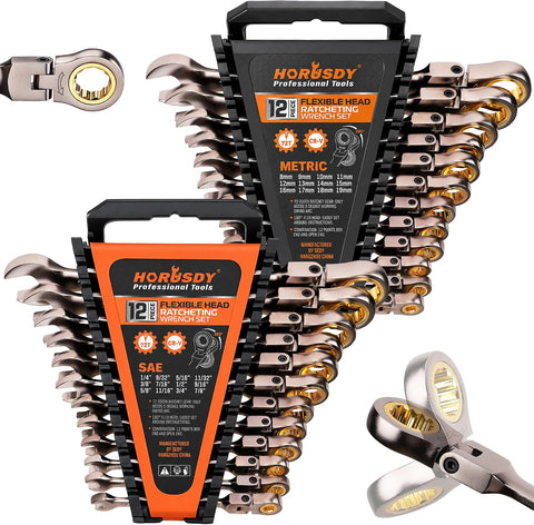 HORUSDY 24-Piece Flex-Head Ratcheting Wrench Set, Metric(8–19mm) & SAE(1/4-7/8") Combination Wrenches, 72-Tooth CR-V Steel, Ratchet Spanners with Wrench Organizer for Repair
