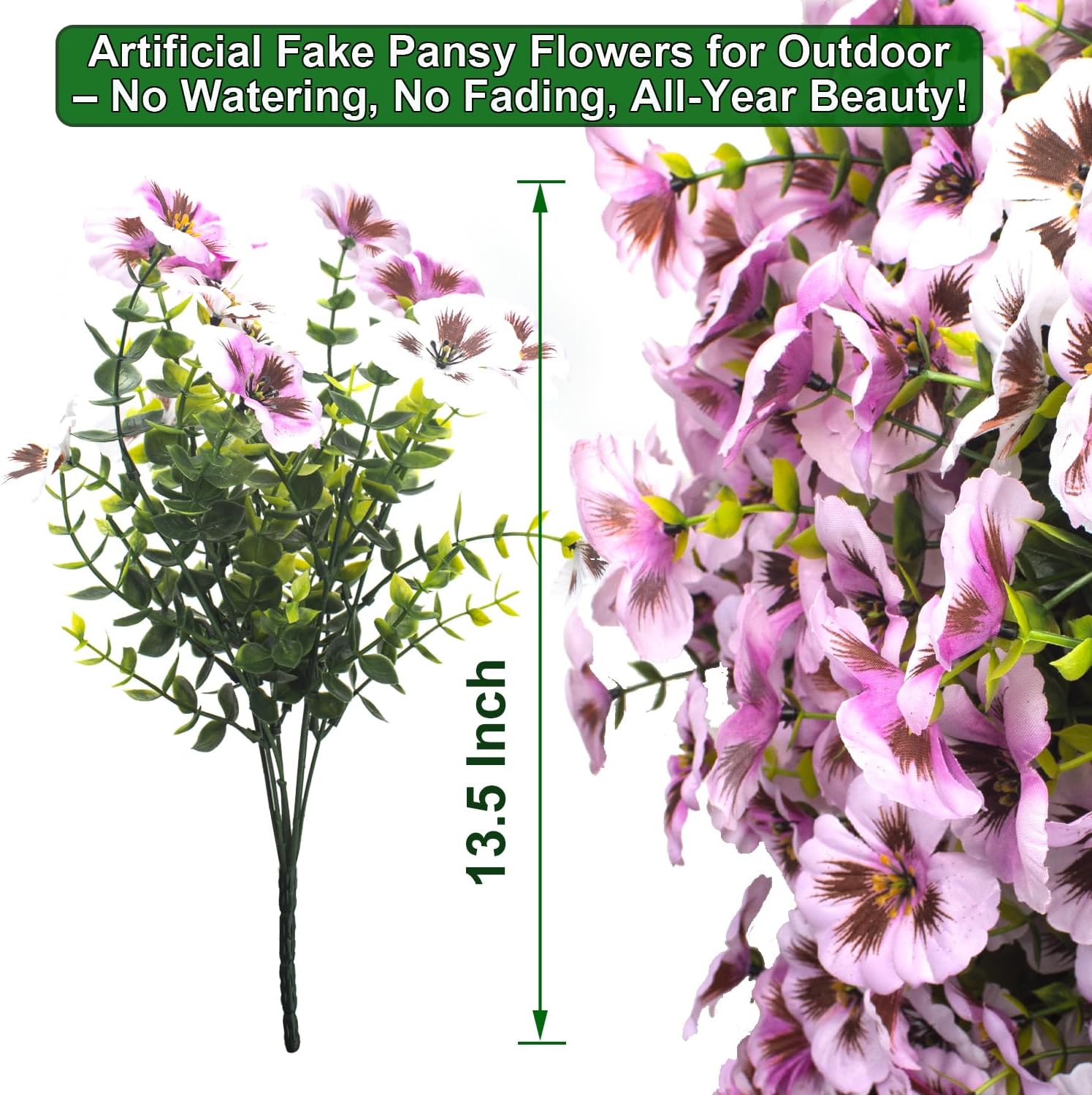 Grunyia Artificial Flowers 16Pcs Realistic Fake Pansy Silk Flowers UV Resistant for Outdoors, Lifelike Faux Pansies for Planters, Window Boxes, Spring Home Decor (White & Pink)