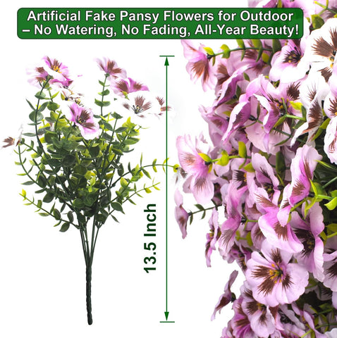 Grunyia Artificial Flowers 16Pcs Realistic Fake Pansy Silk Flowers UV Resistant for Outdoors, Lifelike Faux Pansies for Planters, Window Boxes, Spring Home Decor (White & Pink)