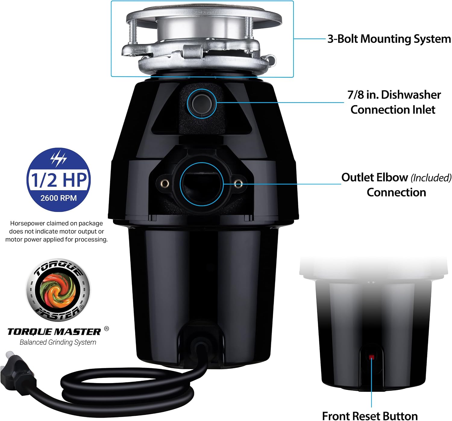 Waste Maid Garbage Disposal, Anti-Jam, Continuous Feed, 1/2 HP Mid Duty