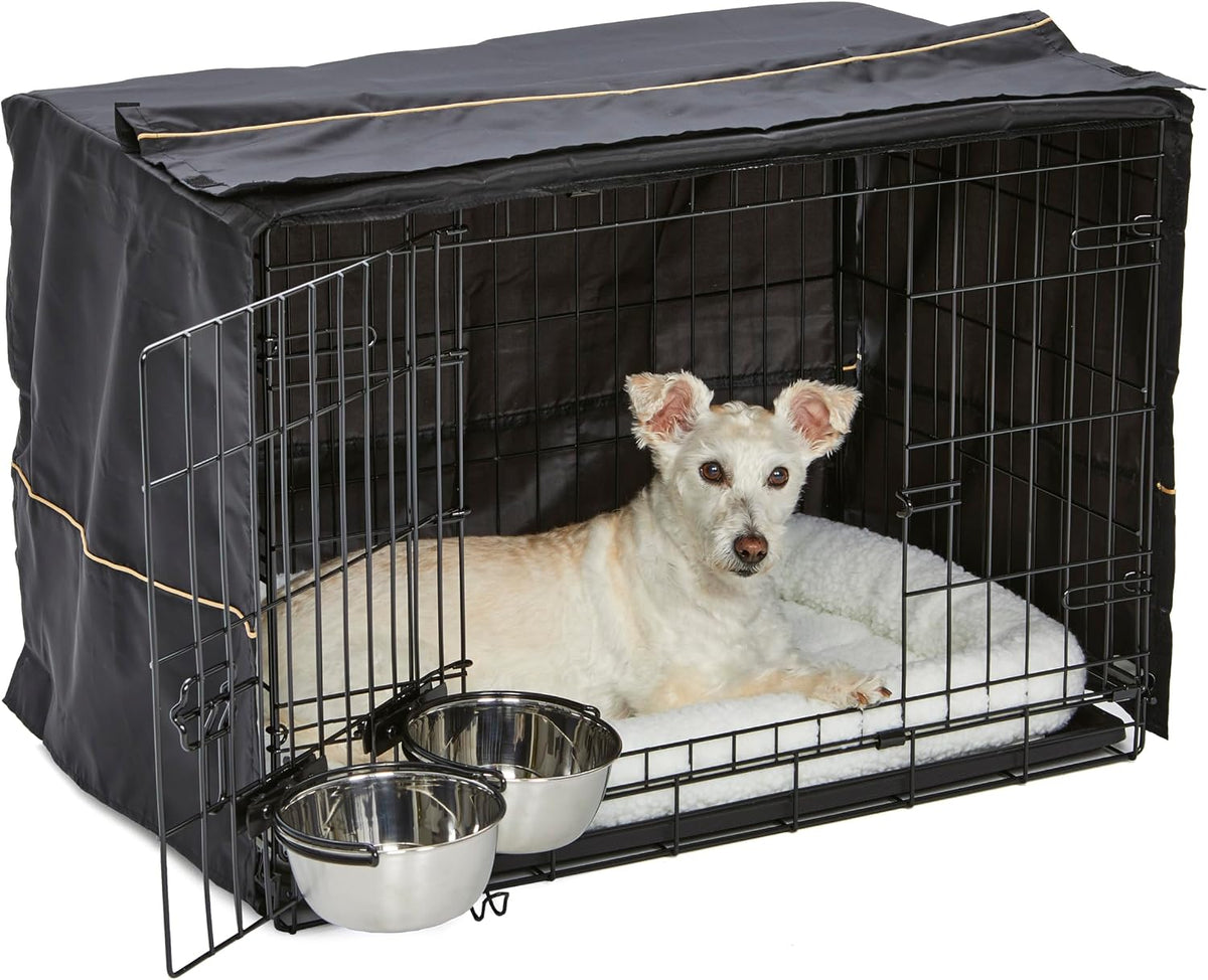 MidWest Homes for Pets Double Door iCrate Starter Kit, 30-inch Dog Crate Bundle for Medium Breeds, Includes Cage, Pet Bed, 2 Bowls and Privacy Cover