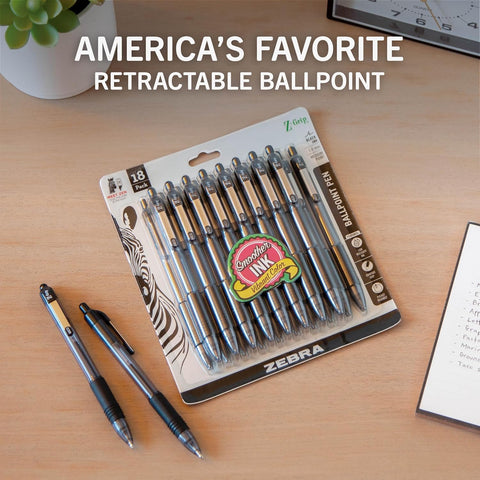 Zebra Pen Z-Grip Retractable Ballpoint Pen, Black Ink, 1.0mm, 18-Pack