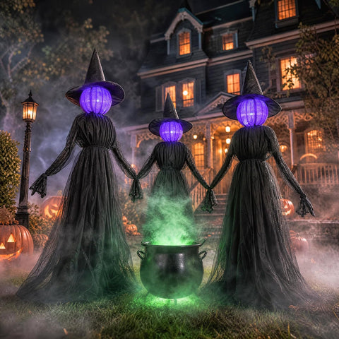 Dazzle Bright Halloween Witch Decorations Outdoor, Set of 3 Light Up Head Holding Hands Witch with Stakes, Waterproof Witch Decor for Garden Yard Lawn Haunted House Decor