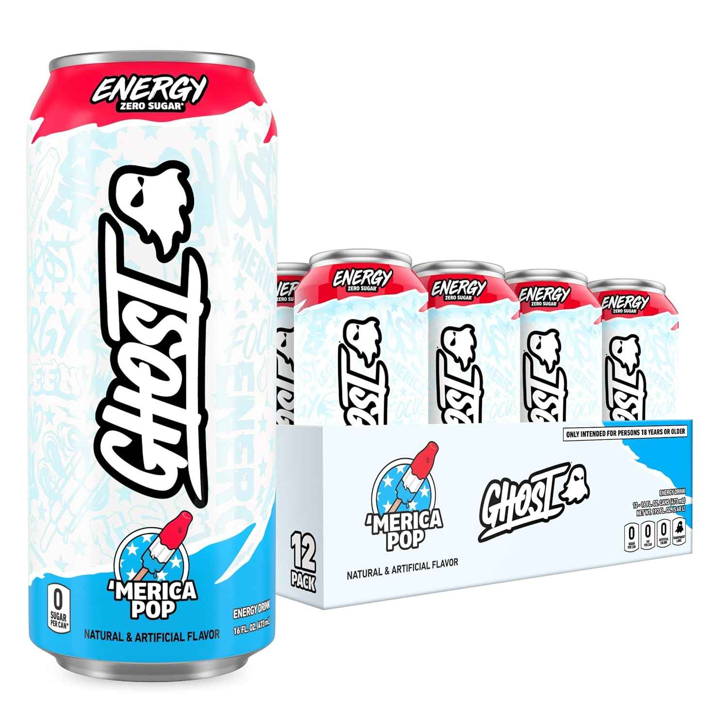 GHOST Energy Drink, Zero Sugars, 12-Pack, 'Merica Pop, 16oz