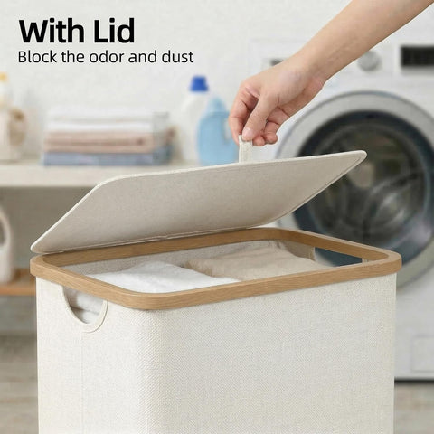 efluky Slim Laundry Basket with Lid, Narrow Laundry Hamper with Removable Bag, Skinny Dirty Clothes Basket with Bamboo Handles for Bathroom, Bedroom & Laundry Room, 75L Beige