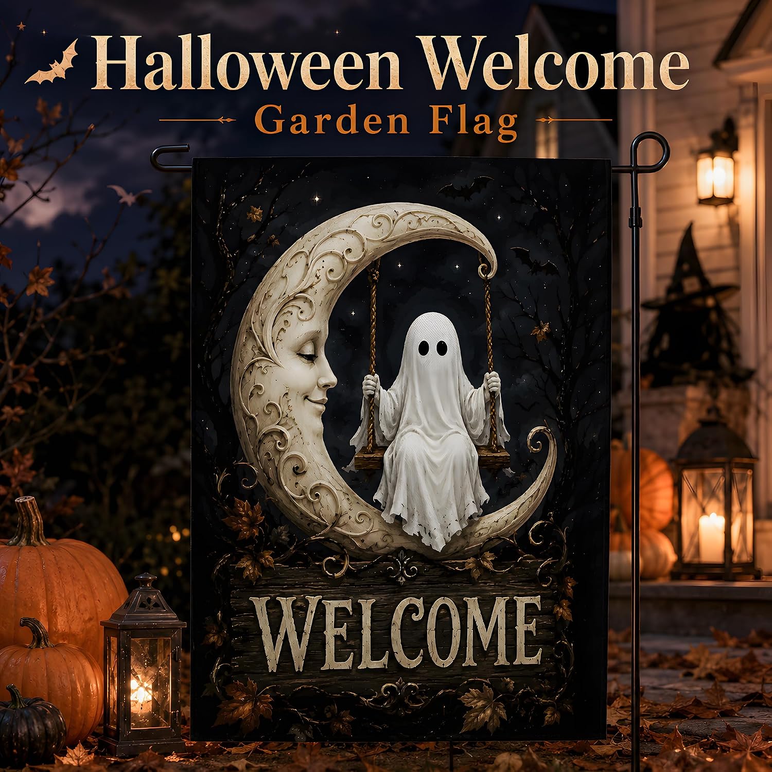Halloween Decorations - Ghost Swinging on Moon Welcome Garden Flag
