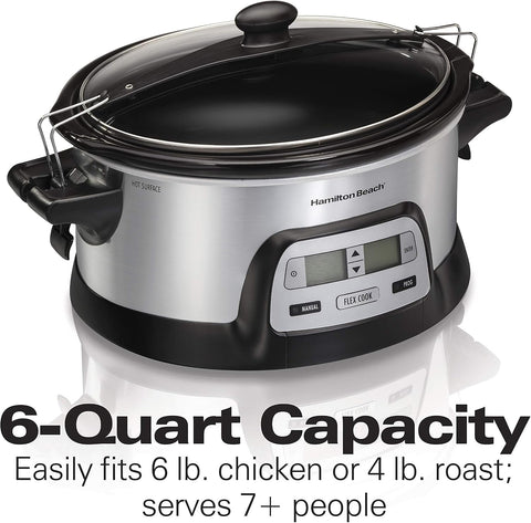 Hamilton Beach 33861 Portable Programmable Slow Cooker, Dishwasher Safe Crock, 6 Qt, FlexCook Dual Digital Timer/2 Heat Settings, Lid Lock for Easy Travel, Silver