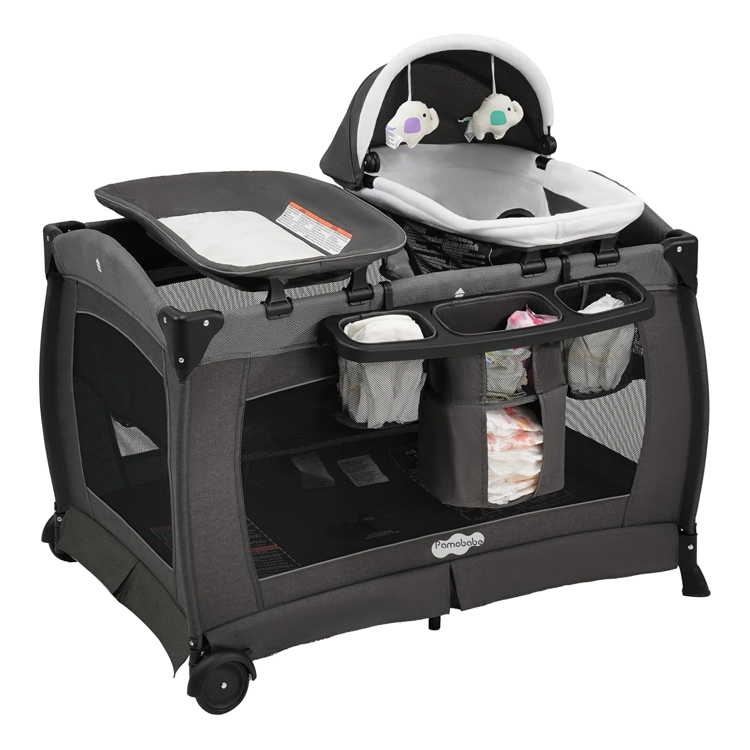 Pamo Babe Pack and Play 4-in-1 Baby Playard with Bassinet & Changing Table, Foldable Portable Playpen with Mattress, Travel Crib for Newborn to Toddler 0-36M-Black
