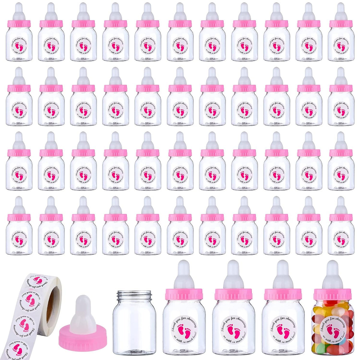 62 Pcs 3.5 Inch Baby Mini Milk Bottle Baby Shower Favor with 500 Adhesive Thank You for Showering Stickers, Small Plastic Candy Bottle DIY Gift for Boy Girl Newborn Baptism Party Decor (Pink)
