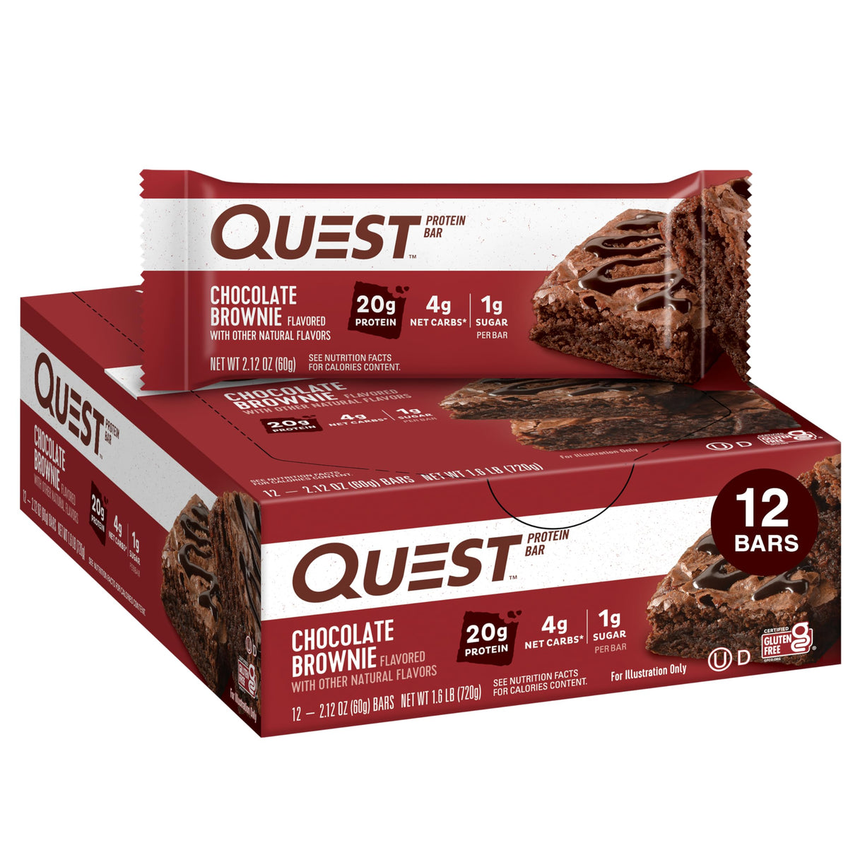 Quest Nutrition Chocolate Brownie Protein Bar, 20g Protein, 1g Sugar, 4g Net Carb, Gluten Free, Gluten Free, 12 Count