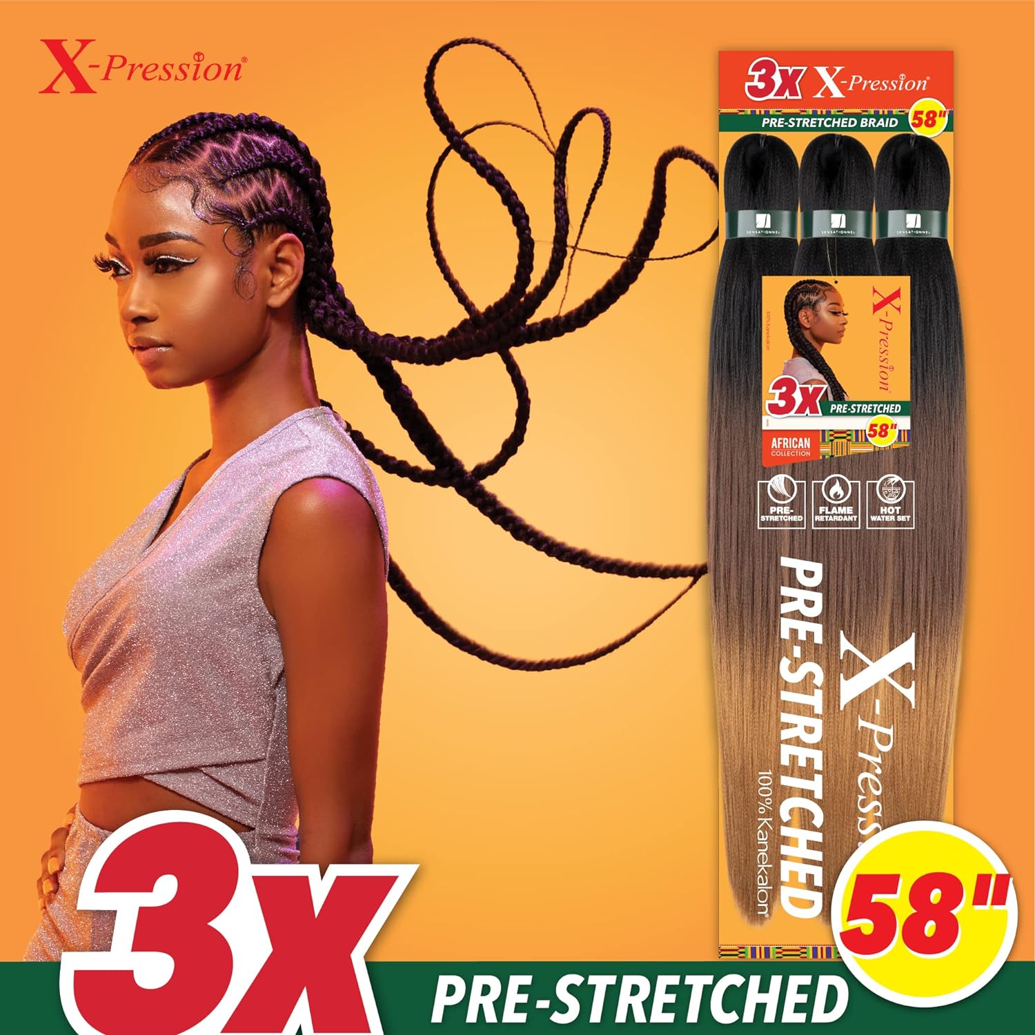 Sensationnel X-Pression Prestretched Braids-3X 58in,4pk BG BURGANDY